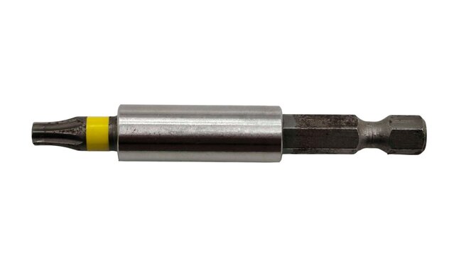 Top view of a magnetic torx security screwdriver bit with hex shank extension, a durable steel power tool bit for precision fastening and drill driver use, isolated on white background.