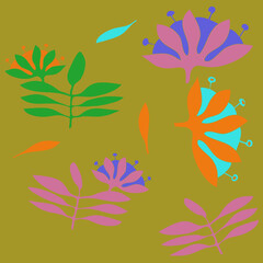 Ornament colored branch, flower. Hand drawn.