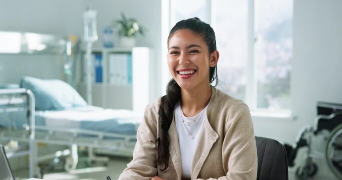 Face, laptop or woman with paperwork in hospital for planning, workflow management or staff schedule. Pc, professional or happy manager with pride for admin, coordinate service or medical operations