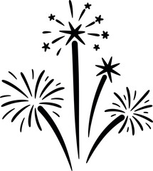 A minimalist handdrawn black silhouette icon featuring multiple festive fireworks bursts illuminating the night sky for celebrations
