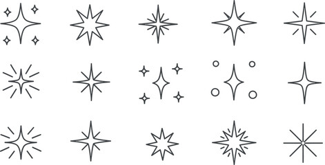 A versatile collection of minimalist sparkle and star outline icons perfect for modern design elements and graphic resources