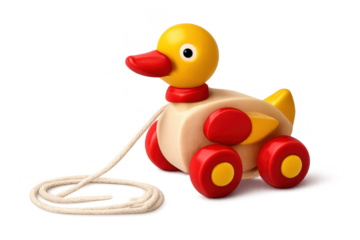 Wooden Duck Toy on Wheels with a transparent background image here.