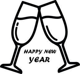Elegant Happy New Year celebration toast with two clinking champagne glasses line icon illustration perfect for festive holiday designs and greeting cards