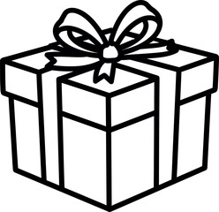 Elegant minimal black line art drawing of a classic holiday gift box adorned with a decorative ribbon and bow perfect for celebrations and special occasions