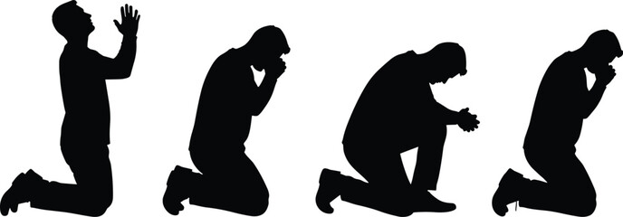 Silhouette figures kneeling in prayer, spiritual reflection, emotional depth, meditation pose, black background, religious devotion, peaceful posture, symbolic gesture
