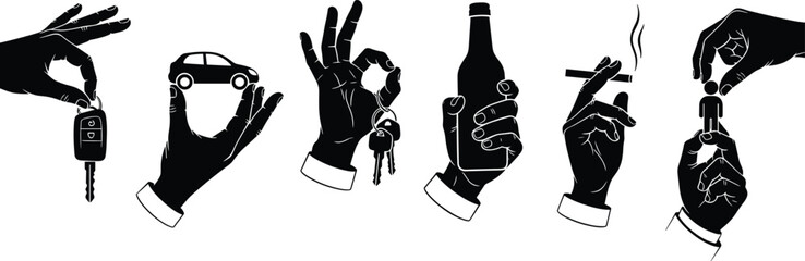 Silhouette hand gestures with car keys, beer bottle, cigarette, small car, human figure, adult behavior concept, black background