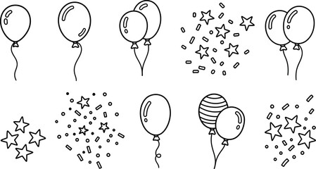 Line art illustrations of various festive balloons and decorative confetti including scattered stars perfect for party designs and celebrations