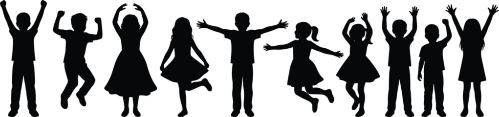 Silhouette, children, playful, joyful, jumping, dancing, standing, arms raised, black, group, energy, fun, youth, movement, interaction, celebration, lifestyle, community, illustration, graphic