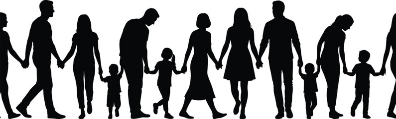 Silhouette, family, people, together, unity, children, adults, holding hands, community, connection, black, walking, standing, interaction, love, support, bonding, lifestyle, graphic
