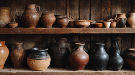 Shelf displaying clay vases and pots. Potter&rsquo;s workshop with brown pottery, showcasing handcrafted vases and pots.
