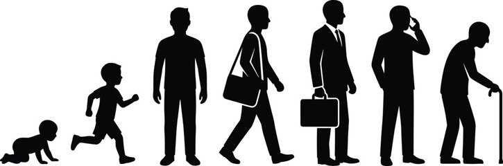 Silhouette, human, life, stages, aging, timeline, development, growth, childhood, adulthood, elderly, journey, evolution, people, graphic, illustration, transformation, identity, progression