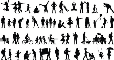 Silhouette, people, activity, lifestyle, interaction, movement, black, human, group, pose, dancing, walking, reading, cycling, exercise, meditation, children, adults, community, illustration