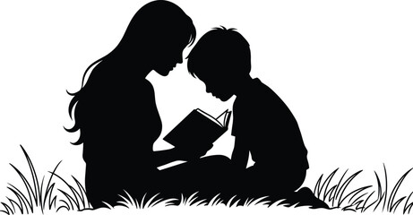 Silhouette, reading, child, adult, book, grass, outdoor, bonding, education, learning, parenting, nature, black, profile, sitting, together, nurturing, illustration, family, graphic