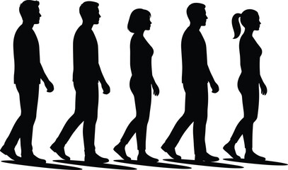 Silhouette, walking, people, motion, side profile, black figures, human movement, urban scene, shadow, stride, male, female, walking pattern, animation, behavior, lifestyle, pedestrian, group