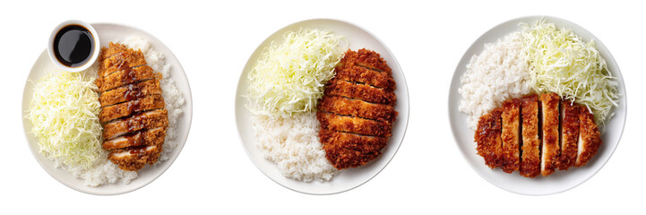Top View of Delicious Japanese Katsu Curry with Rice and Cabbage Garnish Isolated on Transparent Background