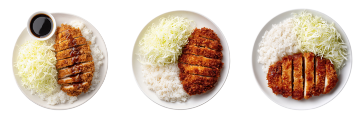 Top View of Delicious Japanese Katsu Curry with Rice and Cabbage Garnish Isolated on Transparent Background