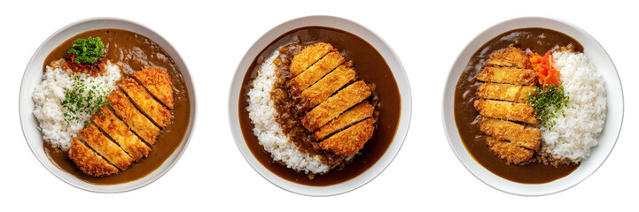 Top View of Delicious Japanese curry rice with crispy breaded chicken cutlet Isolated on Transparent Background