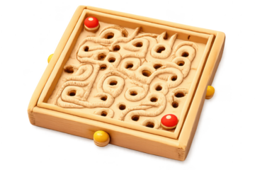 Wooden Labyrinth Puzzle Game with Ball and transparent background.