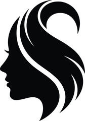 Woman profile silhouette with flowing hair, elegant design, black illustration, beauty concept, feminine icon, abstract style, white background