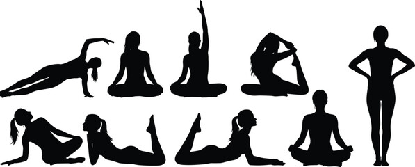 Yoga poses, silhouette illustration, fitness activity, meditation posture, black and white graphic, wellness concept, flexibility, balance, exercise art, healthy lifestyle
