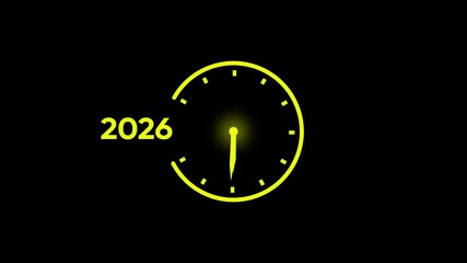 Yellow 2026 text beside a clock with a yellow glowing center on black year future