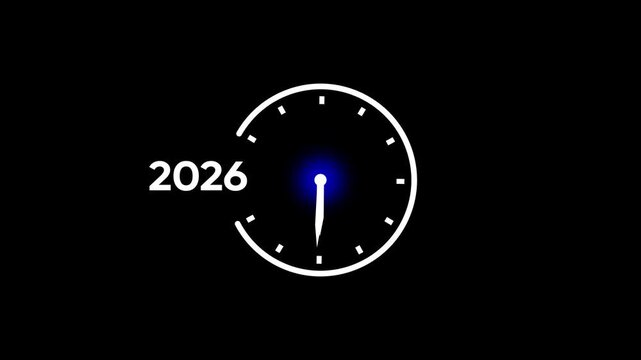 White 2026 text beside a minimalist clock with blue glowing center on black year future