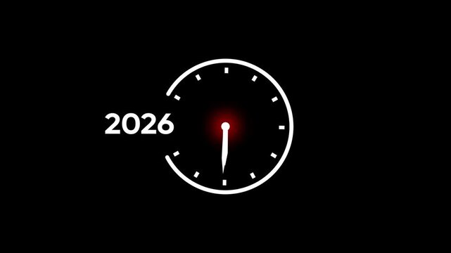 White 2026 text next to a clock with a red glowing center on black year future