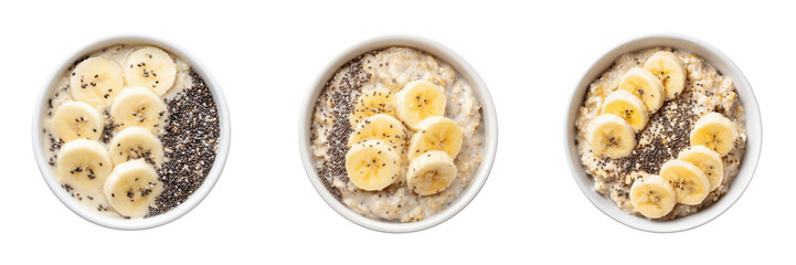Top View of Delicious and Healthy Breakfast Bowls with Banana and Chia Seeds Isolated on Transparent Background