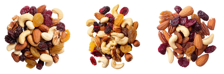 Top View of Assorted Nuts and Dried Fruits Isolated on Transparent Background