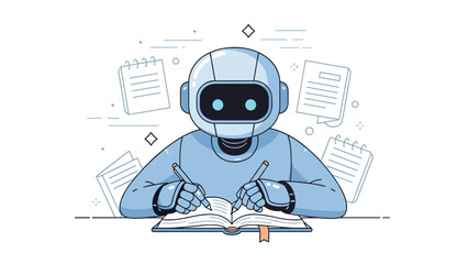 Cartoon robot writing in notebook surrounded by documents