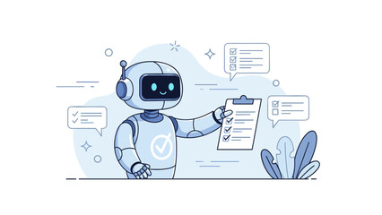 Robot analyzing checklist with futuristic interface and friendly expressions