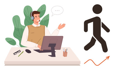 Man with headset at desk working on computer, speaking to professional contact. Walking figure icon symbolizing movement and growth. Ideal for support, communication, service, teamwork, productivity