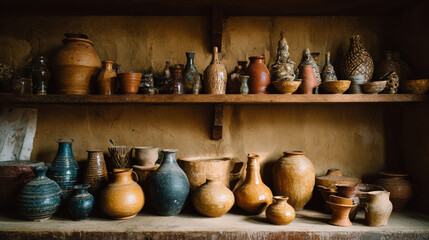 Shelf displaying clay vases and pots. Potter&rsquo;s workshop with brown pottery, showcasing handcrafted vases and pots.
