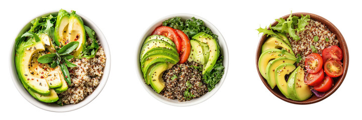 Top View of Fresh Quinoa Bowls with Sliced Avocado and Colorful Vegetables Isolated on Transparent Background