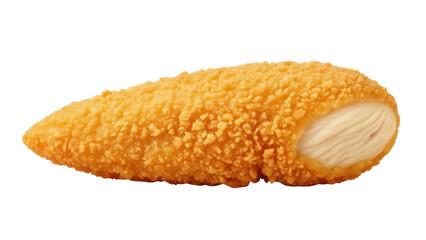 Crispy golden chicken finger isolated PNG on transparent background, delicious breaded poultry snack for fast food menus