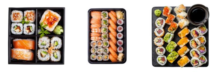 Top View of Assorted Sushi Platter with Rolls and Sashimi in Black Trays Isolated on Transparent Background