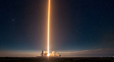 Rocket launch at night with bright orange exhaust against starry sky