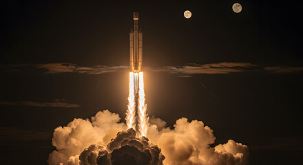 Rocket launch at night with two moons and clouds space