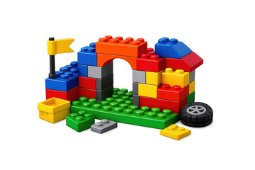 Obraz premium Toy brick castle structure with a transparent background on black color.