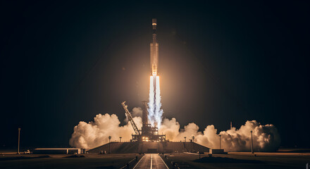 Rocket launch at night with bright exhaust and smoke