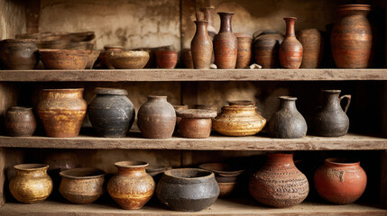 Shelf displaying clay vases and pots. Potter&rsquo;s workshop with brown pottery, showcasing handcrafted vases and pots.
