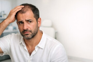 Fototapeta premium Concerned man noticing hair loss and thinning hair