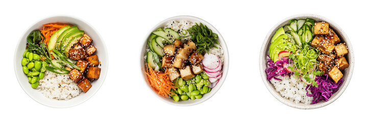 Top View of Colorful Healthy Bowls of Rice with Fresh Vegetables and Tofu Isolated on Transparent Background