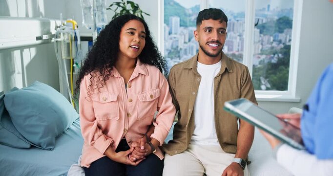 Hospital, couple and nurse with tablet, consultation and checkup for reproductive health and online. Fertility, clinic or medical professional with test results on website, people and family planning
