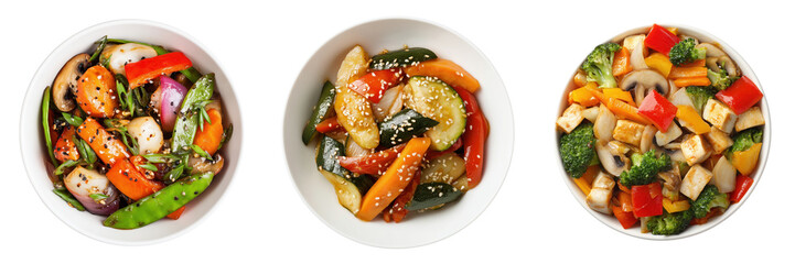 Top View of Colorful Assortment of Freshly Cooked Vegetable Dishes in Bowls Isolated on Transparent Background