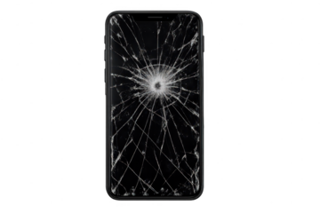 Cracked smartphone screen on transparent background, repair concept.