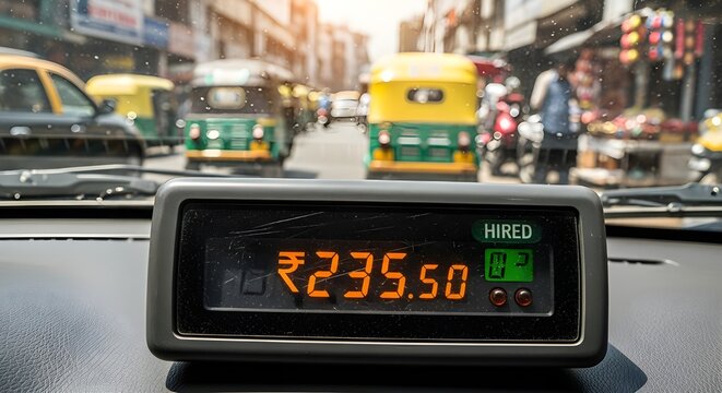 Detailed close-up of taxi meter displaying fare amount on busy Indian street. Concept of urban transportation, local taxi service, daily commute, and city movement in modern India.