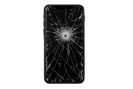 Cracked smartphone screen on transparent background, repair concept.