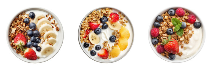 Top view of yogurt bowls with fresh fruits and granola toppings isolated on transparent background