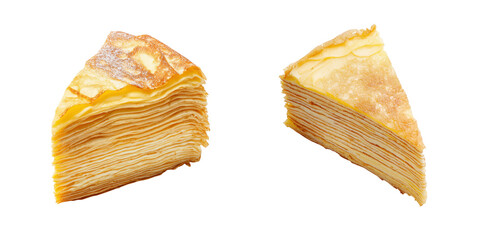 Delicate Layers of Crepe Cake Slice with Golden Brown Edges Isolated on Transparent Background